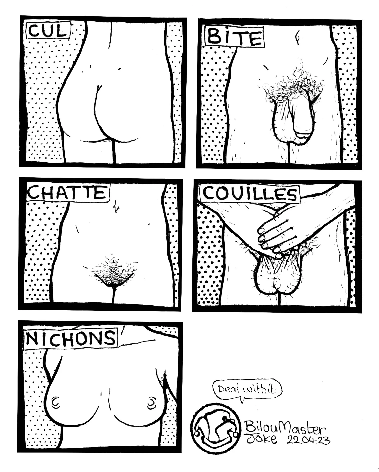 le zoli dessin « Cul Bite Chatte Couilles Nichons » que j'ai bilouté le 22 avril 2023